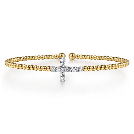 14K White & Yellow Gold Bujukan and Diamond Cross Split Bangle Bracelet
