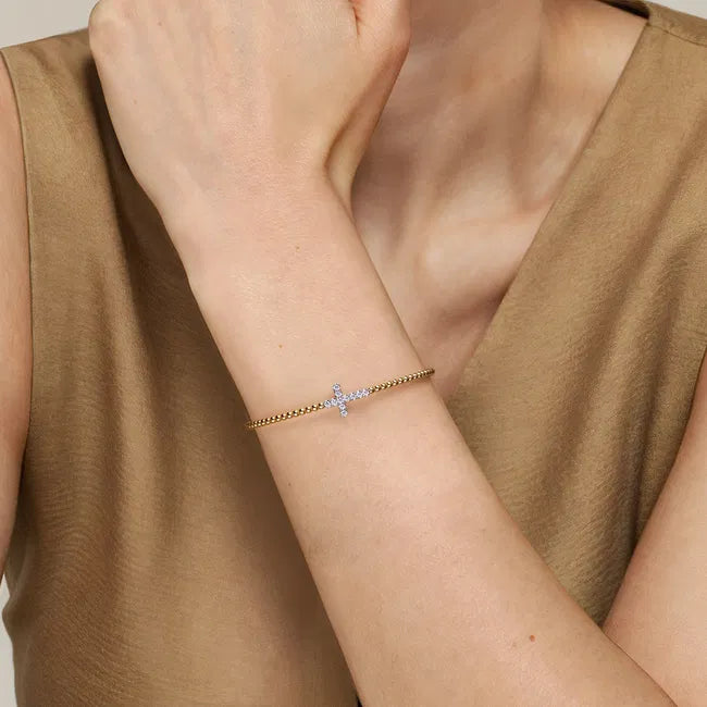 14K White & Yellow Gold Bujukan and Diamond Cross Split Bangle Bracelet