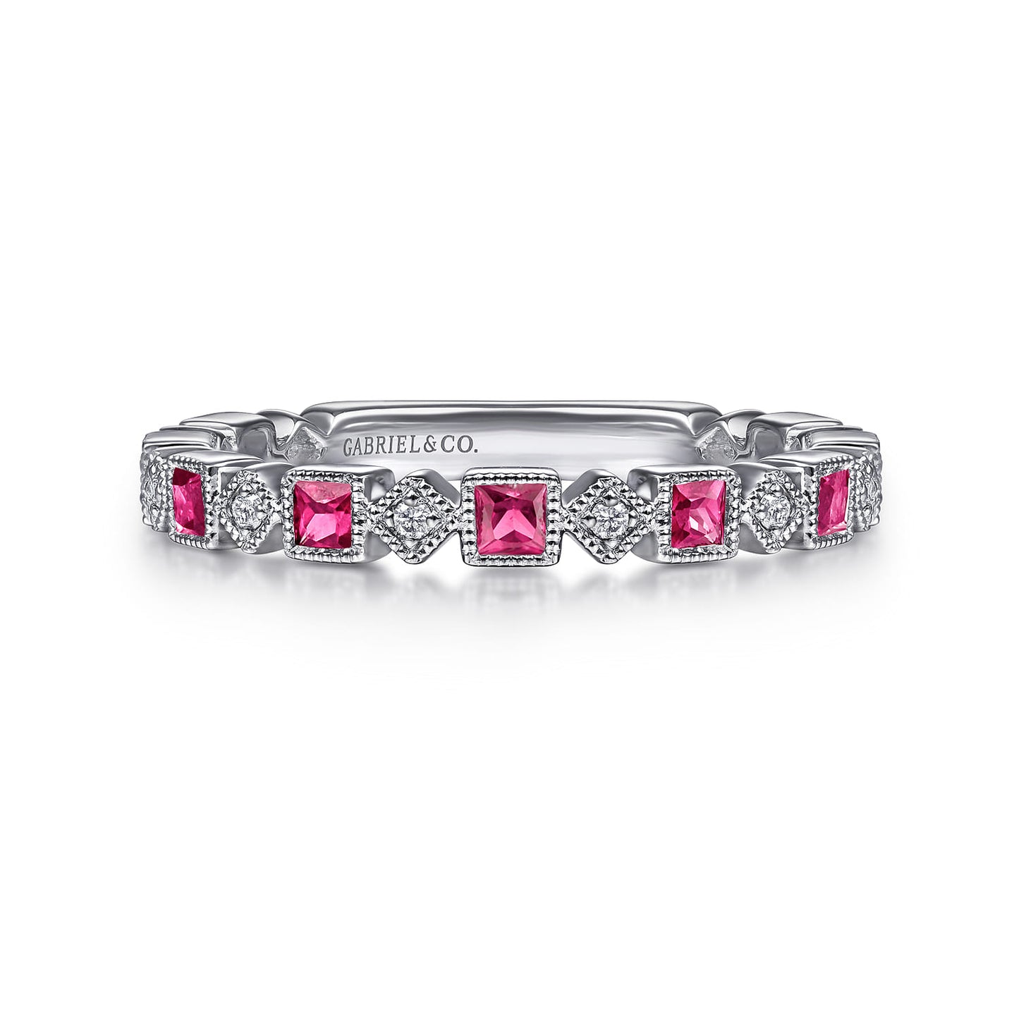 14K White Gold Geometric Ruby and Diamond Ladies Ring