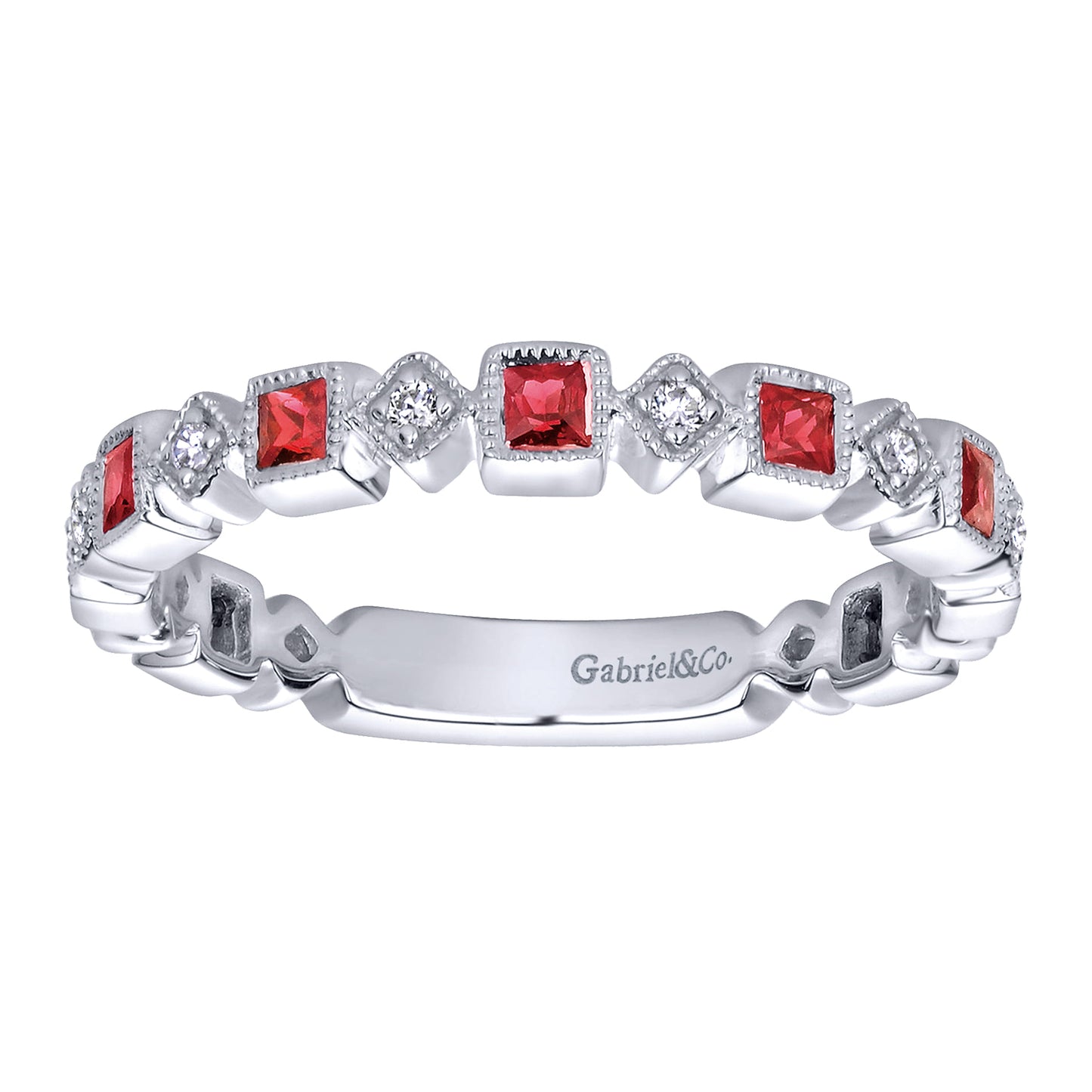 14K White Gold Geometric Ruby and Diamond Ladies Ring