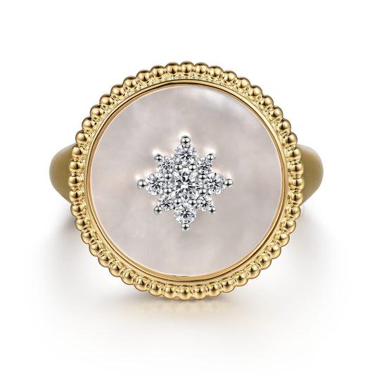 14K Yellow Gold Bujukan Mother of Pearl Inlay and Diamond Starburst Signet Ring