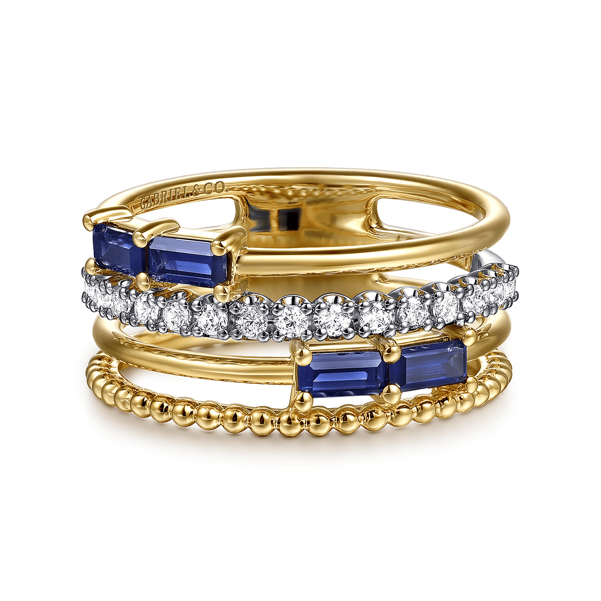 Wide Band Easy-Stack Ring 14K White and Yellow Gold Diamond and Blue Sapphire
