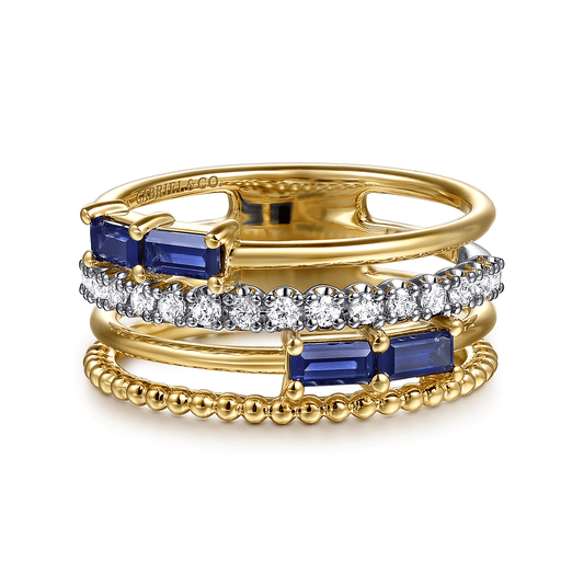 Wide Band Easy-Stack Ring 14K White and Yellow Gold Diamond and Blue Sapphire