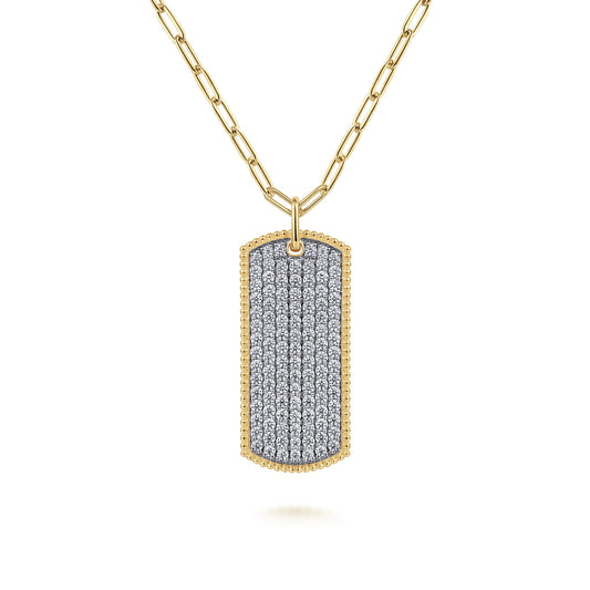14K Yellow Gold Diamond Pave  Dog Tag Pendant Hollow Chain Necklace