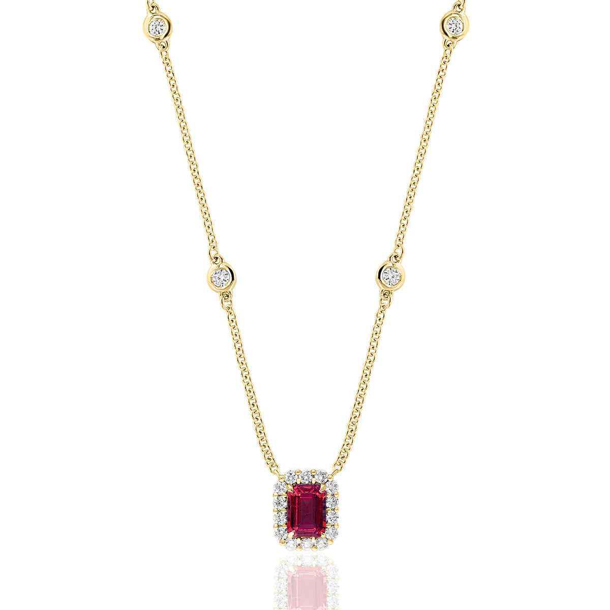 18K yellow gold emerald-cut ruby with a diamond halo on a diamond bezel chain.