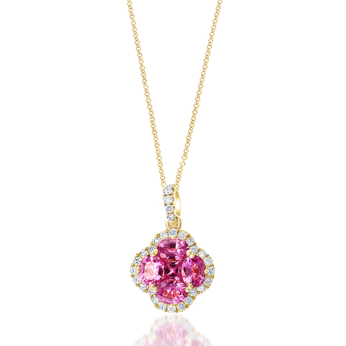 18k Yellow Gold Pink Saphire Clover pendant with diamond halo,