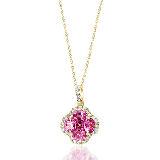 18k Yellow Gold Pink Sapphire Clover pendant with diamond halo