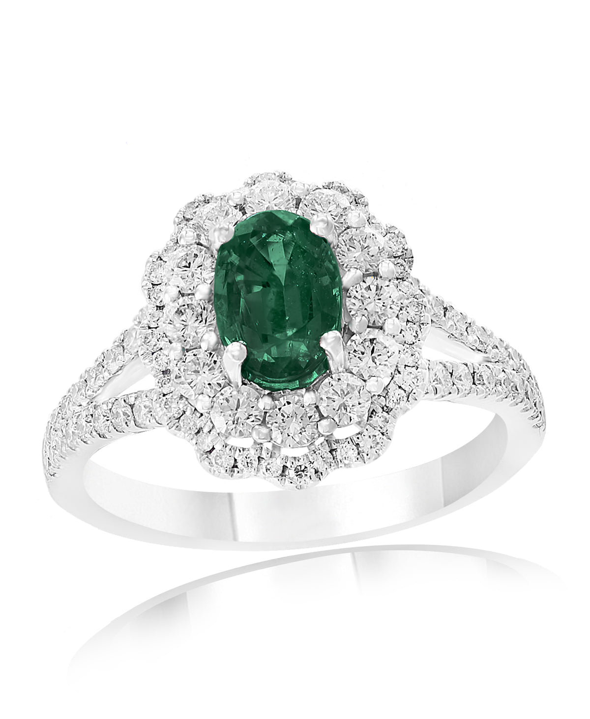 18K white gold emerald ring with a double diamond halo.