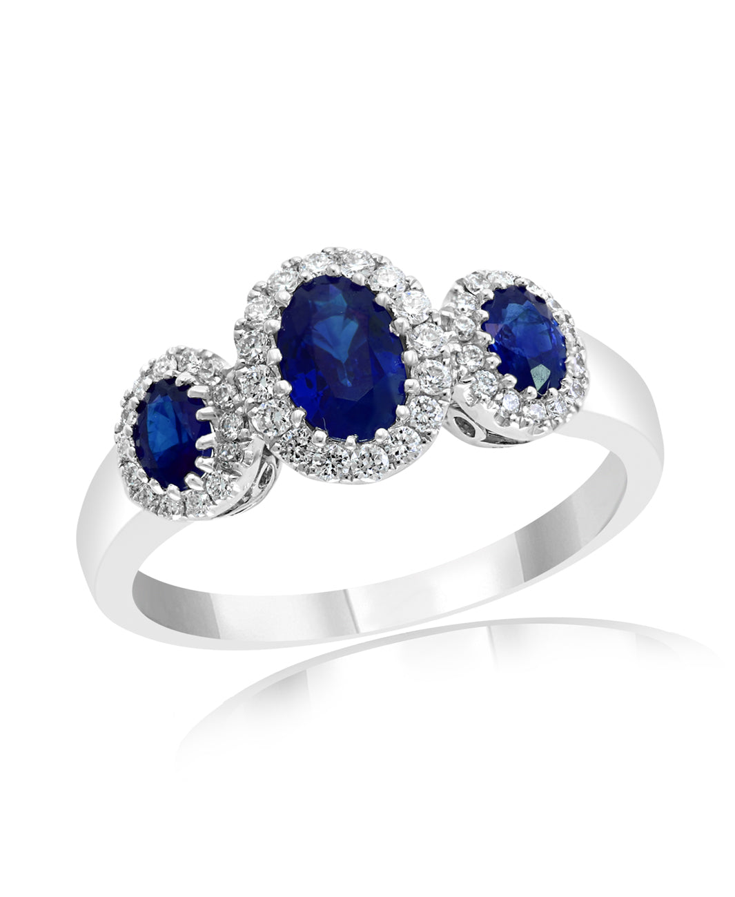 14k White Gold 3 Stone Saphire and Diamond Halo Ring