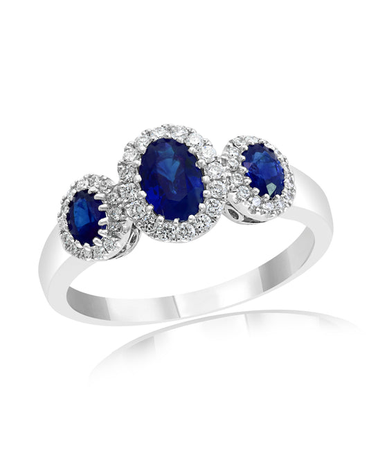 14k White Gold 3 Stone Saphire and Diamond Halo Ring