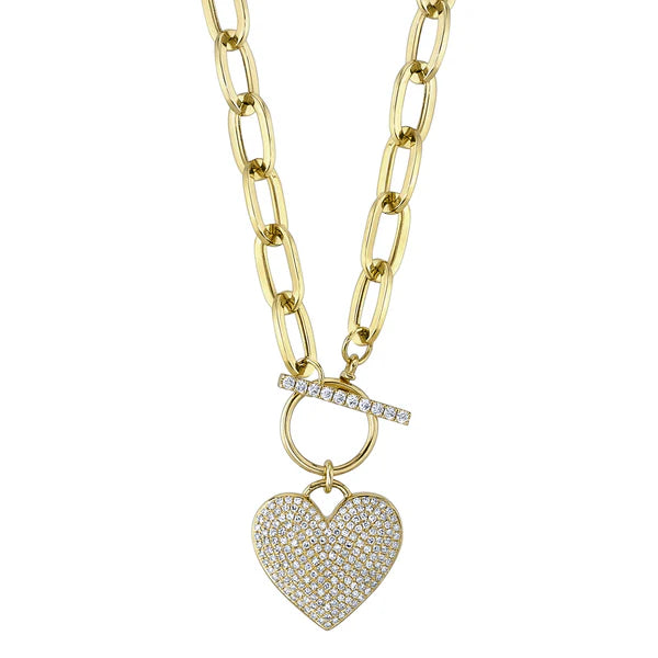 Diamond Pave Heart Paper Clip Link Necklace