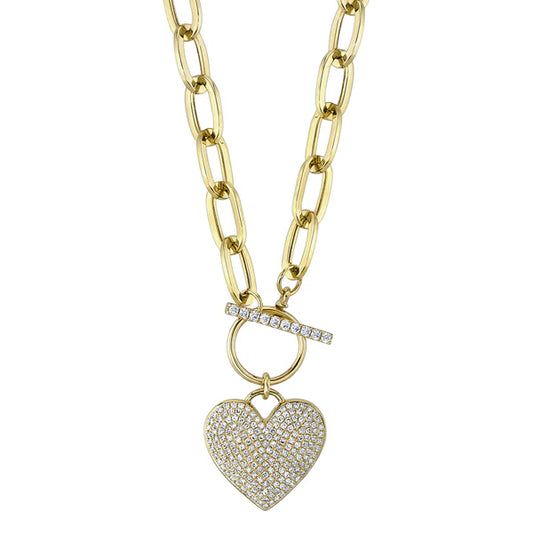 Diamond Pave Heart Paper Clip Link Necklace