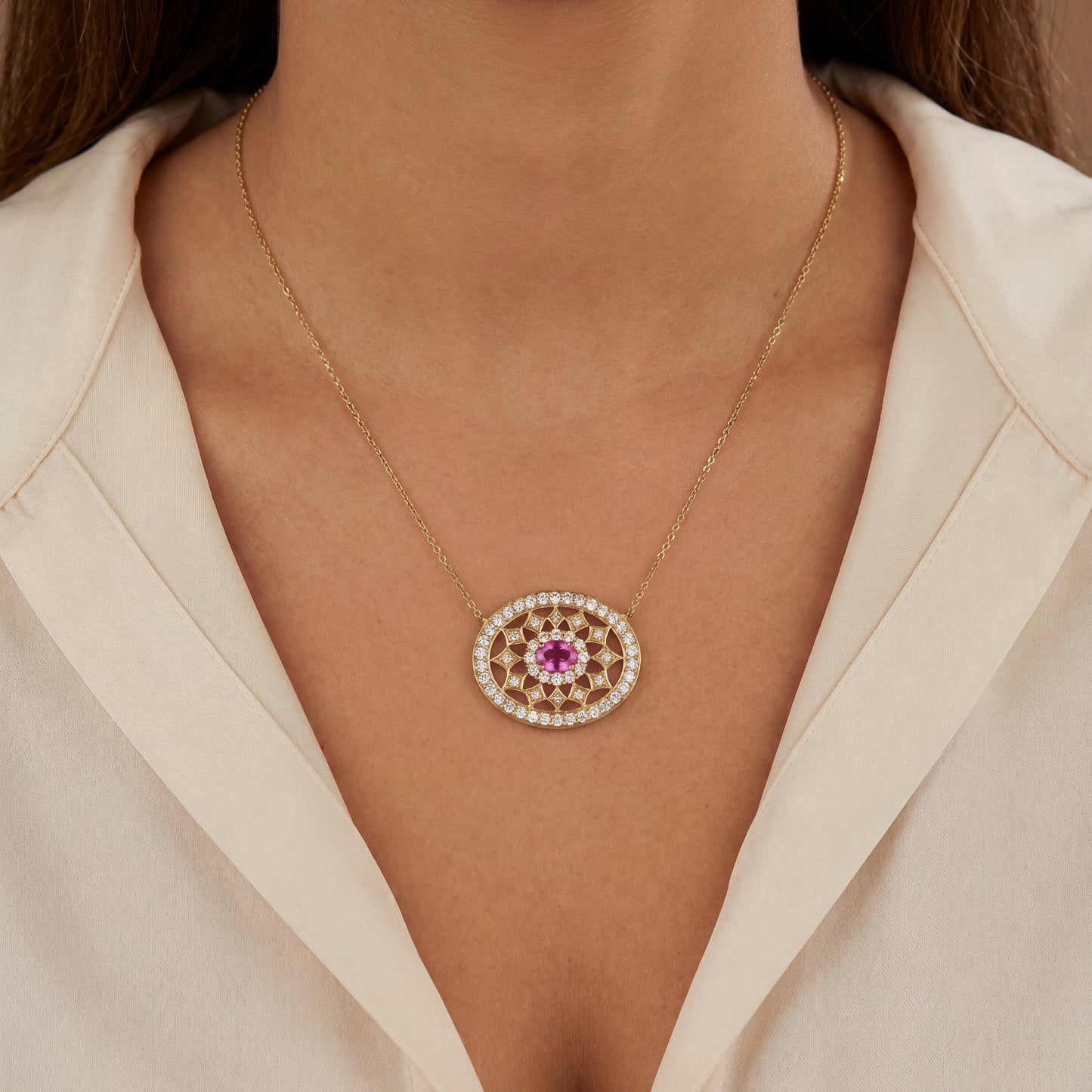 Yellow Gold Oval Pink Sapphire Pendant