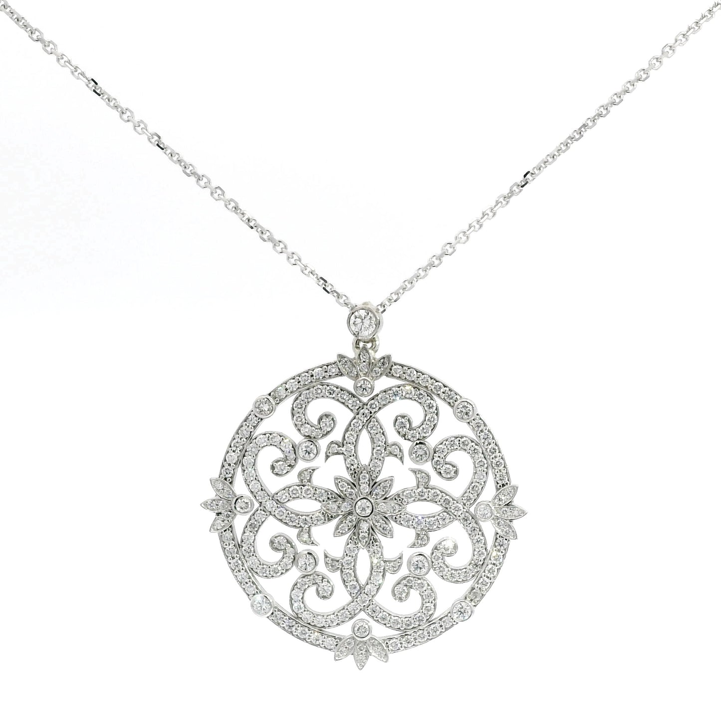 14k white gold filigree and floral medallion
