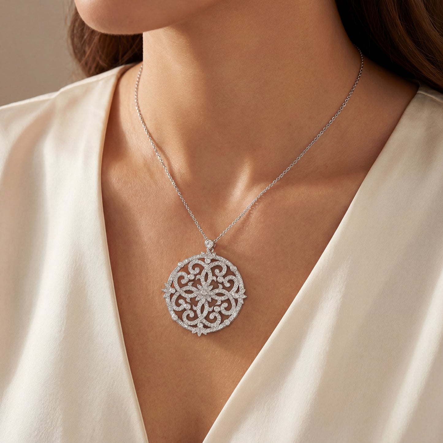 14k white gold filigree and floral medallion