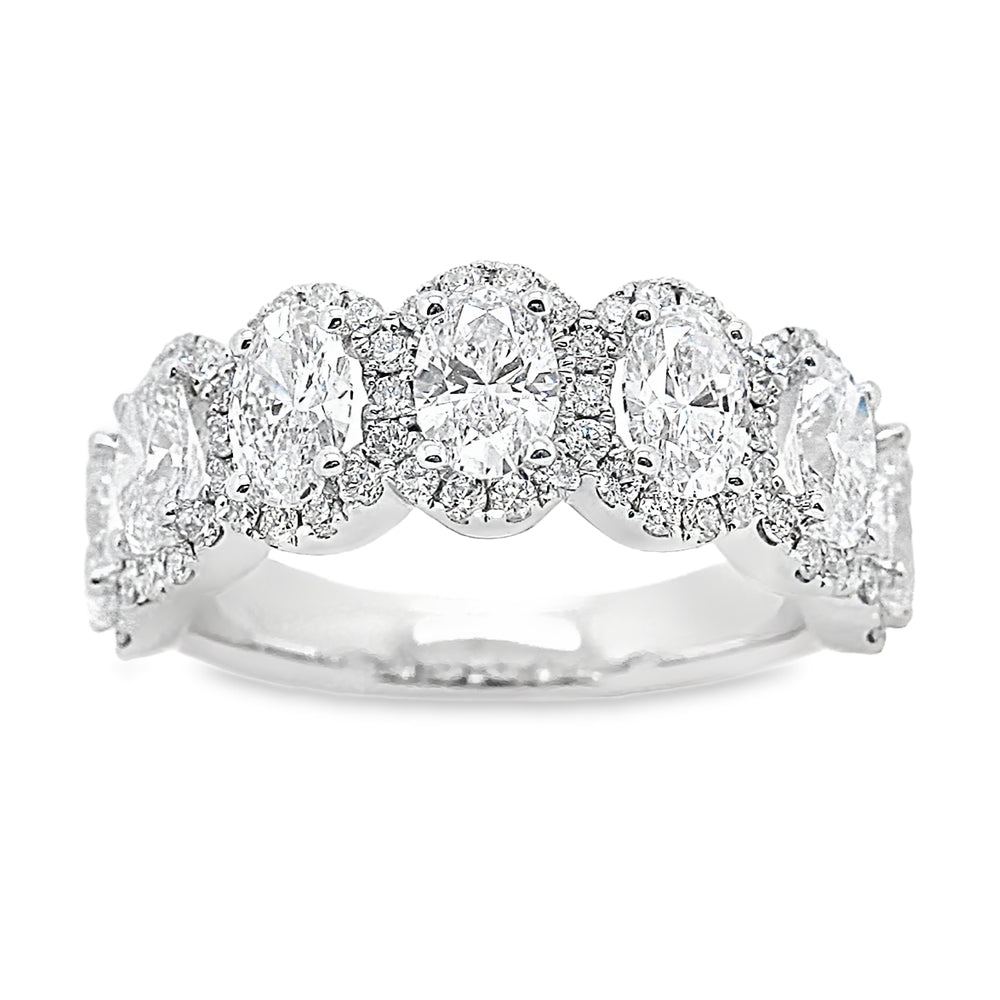 14k White Gold 7 Stone Oval Halo Ring.