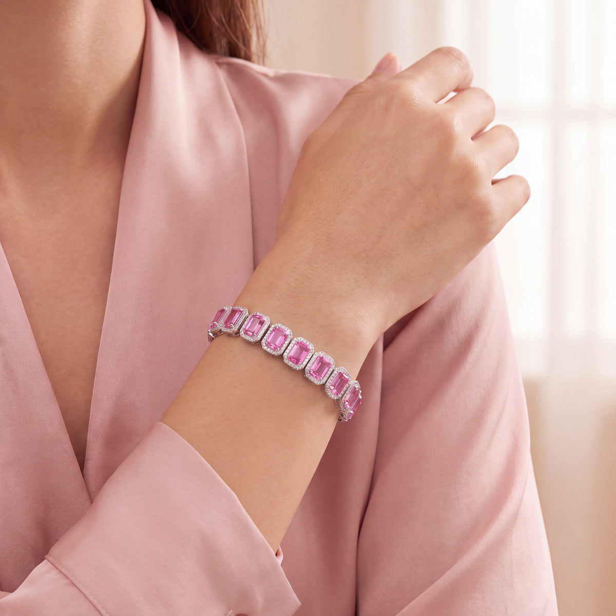 14k white gold emerald cut pink sapphire diamond halo bracelet