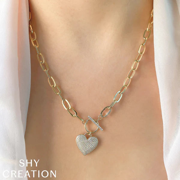 Diamond Pave Heart Paper Clip Link Necklace