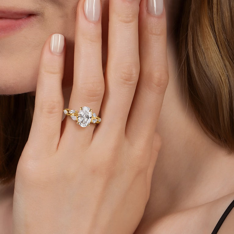 14K Yellow Gold Floral Oval Diamond Engagement Ring