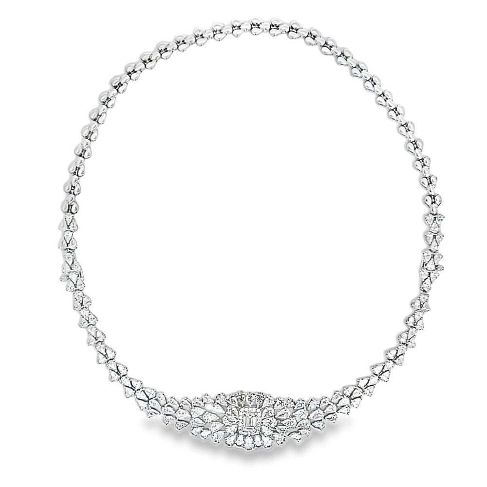 White Gold Emerald Cut and Graduated Pear Shape Diamond Necklace 