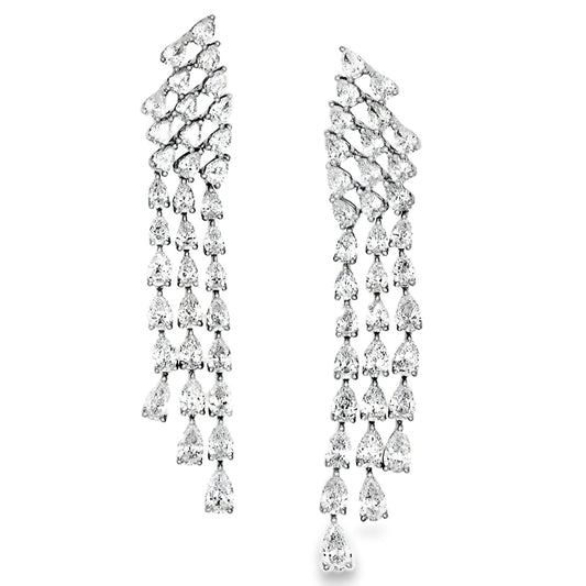 White Gold Three Row Pear Shape Drop Earrings 