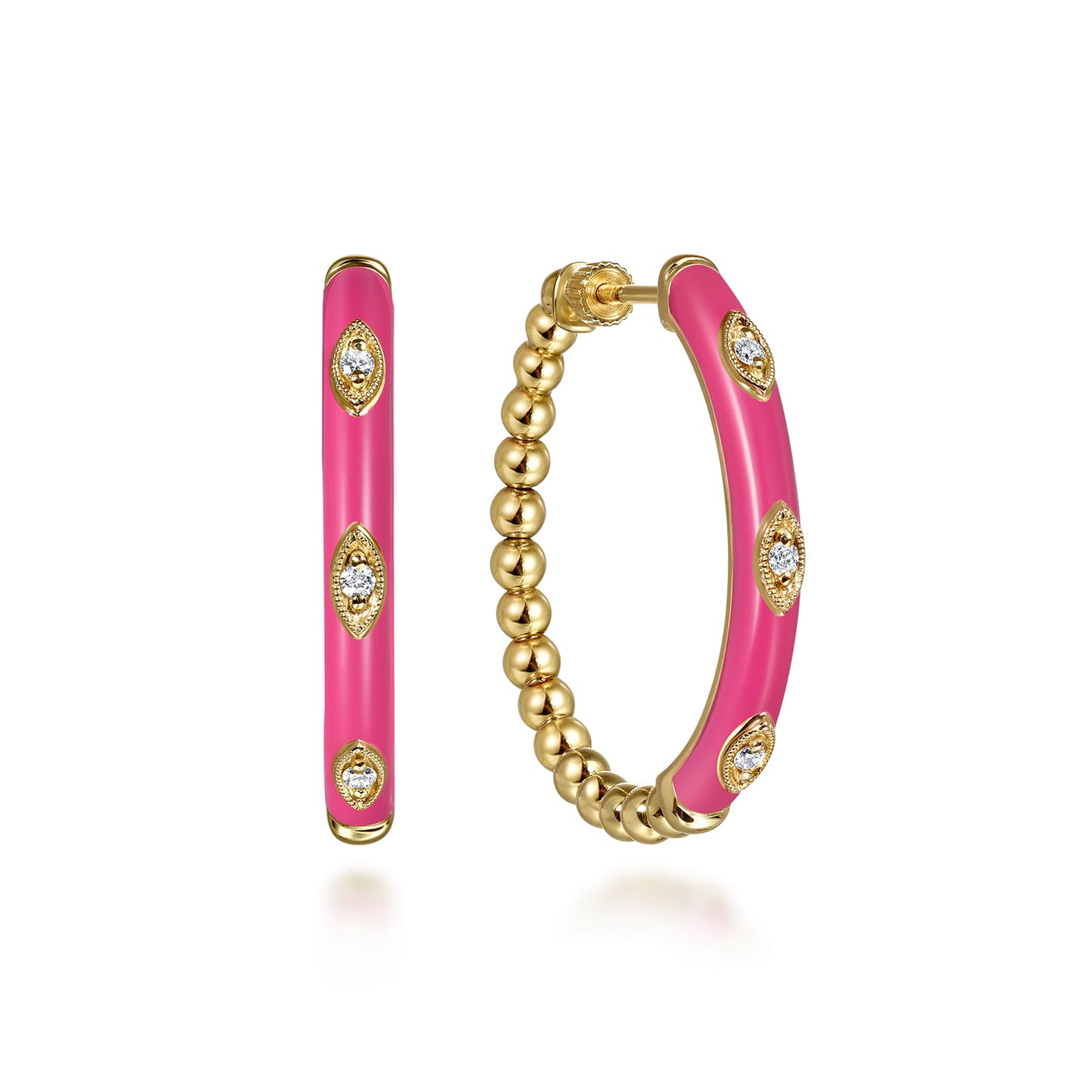 14K Yellow Gold Bujukan Beads and Diamond Split Classic Hoop with Fuchsia Enamel