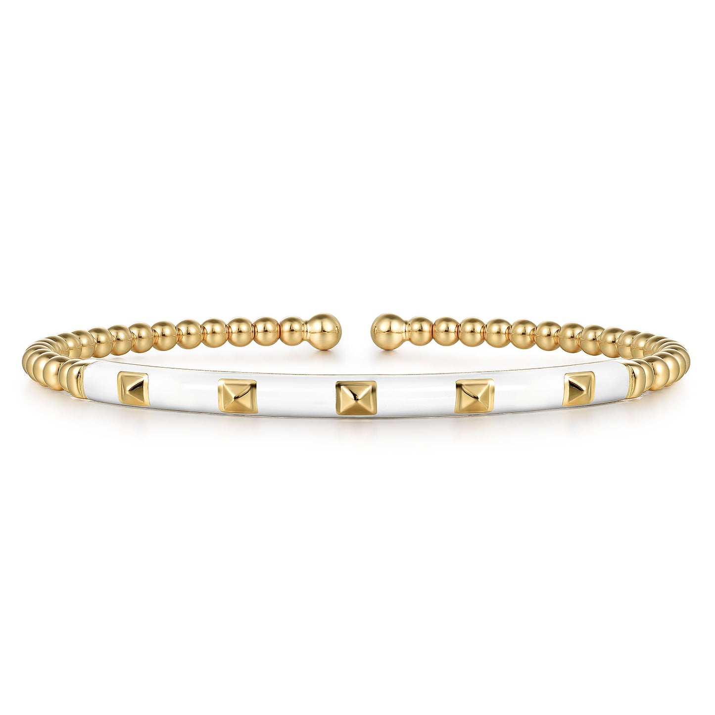 14K Yellow Gold Bujukan Beads and Pyramid Split Bangle with White Enamel