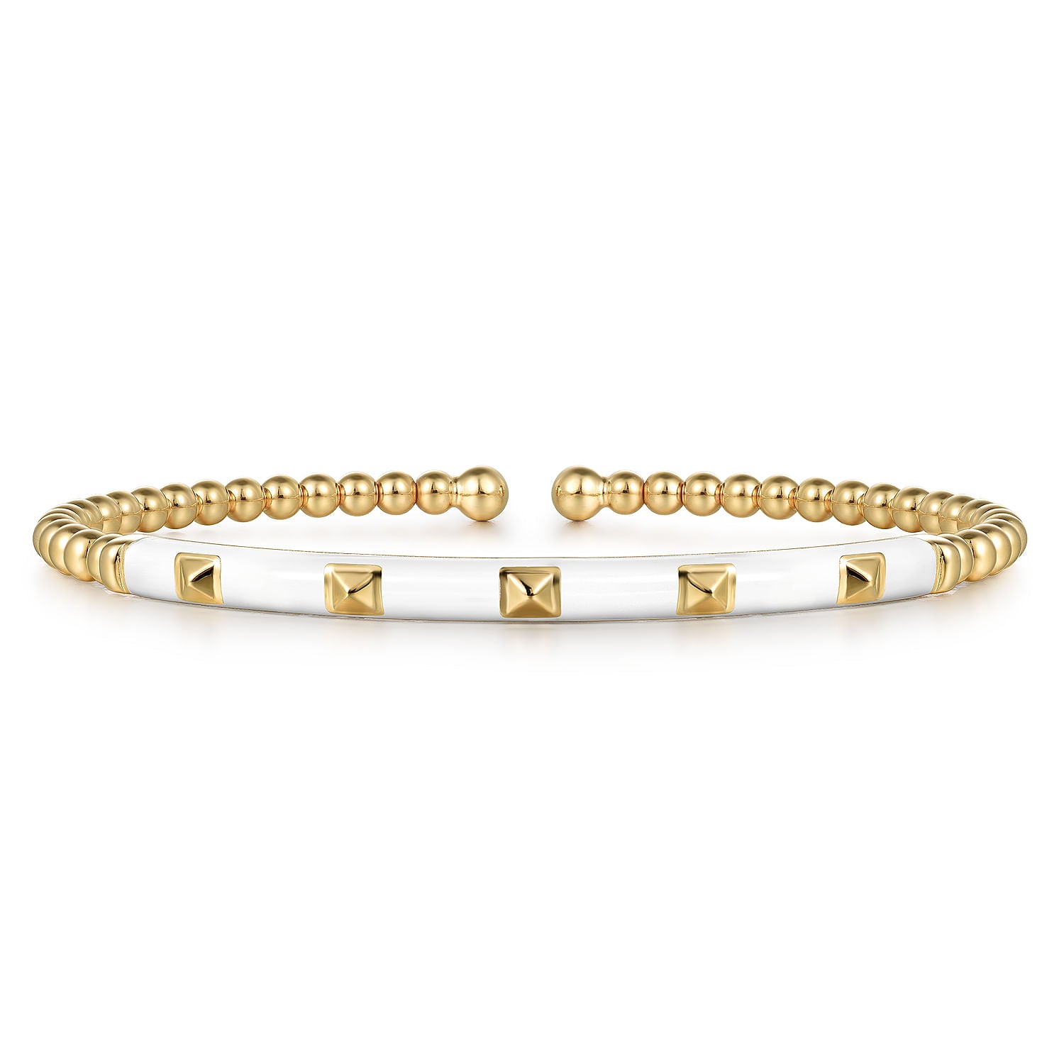 14K Yellow Gold Bujukan Beads and Pyramid Split Bangle with White Enamel