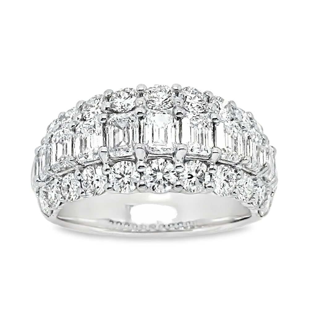 White Gold 9.5mm Three Row Baguette and Round Band with Ridged Profile 