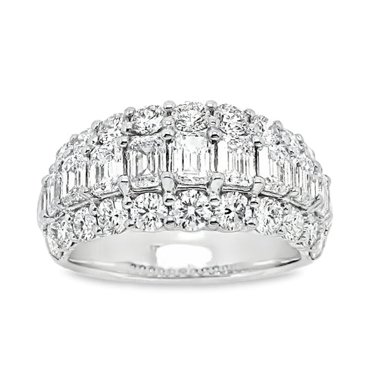 White Gold 9.5mm Three Row Baguette and Round Band with Ridged Profile 