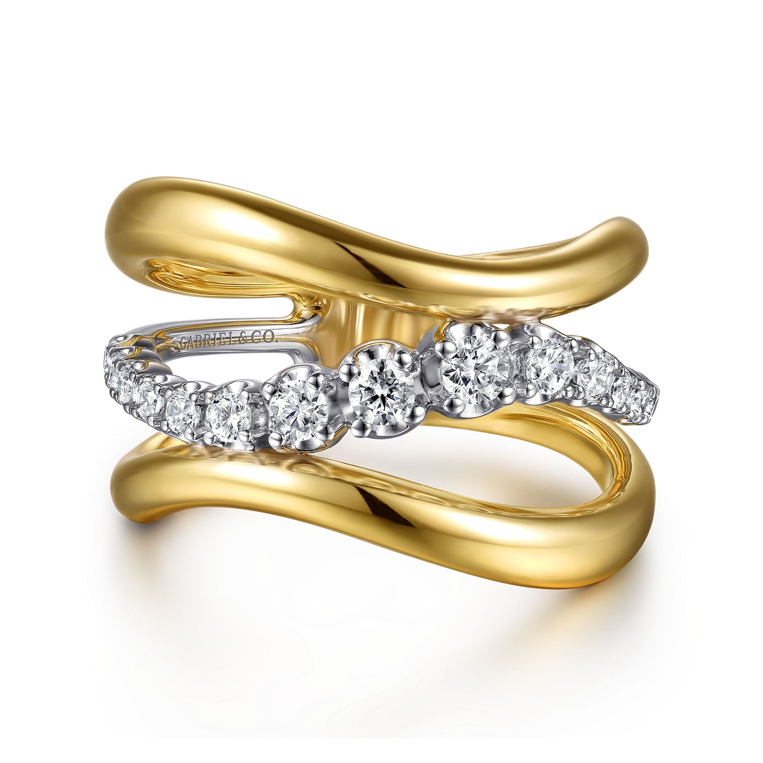 14K White & Yellow Gold Diamond Wave Wide Band Ring