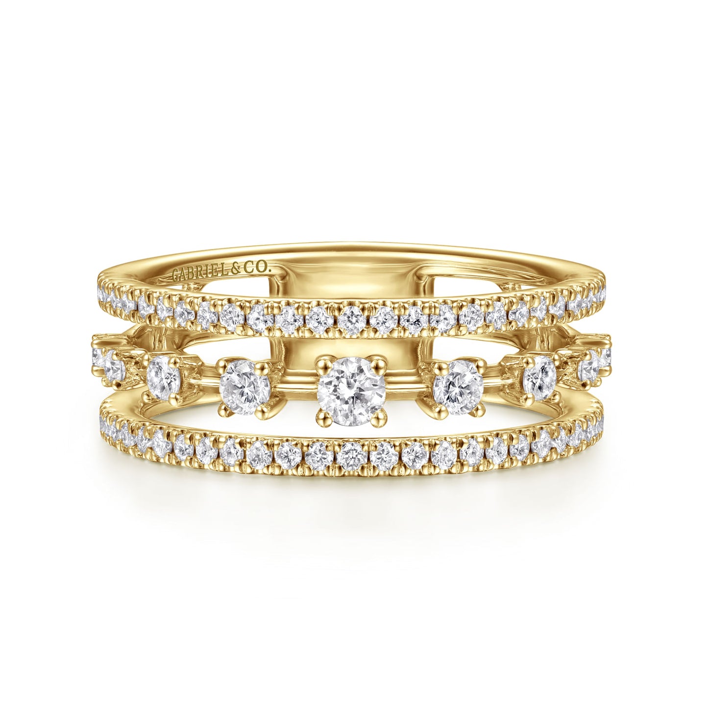 14K Yellow Gold Three Row Diamond Station Ring