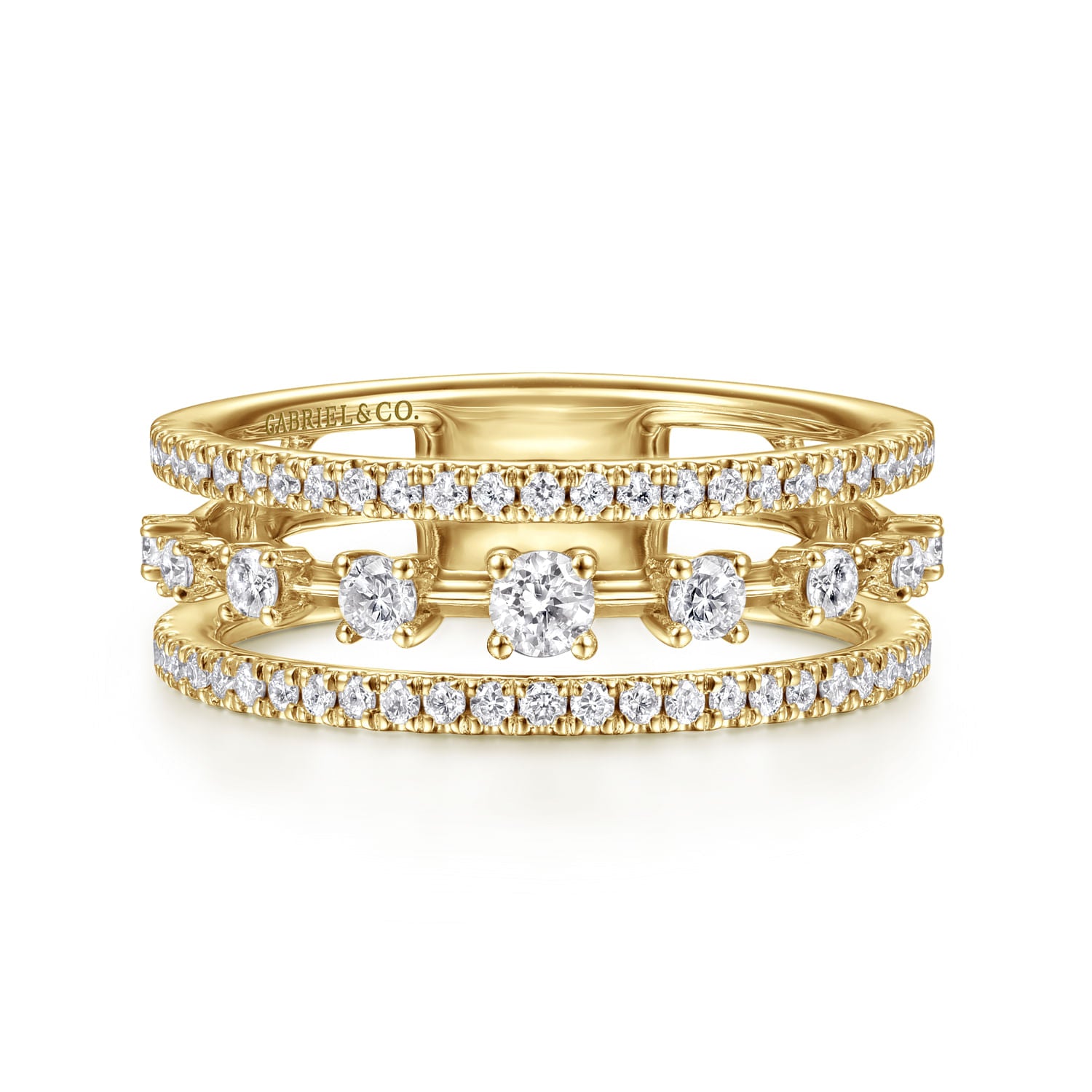 14K Yellow Gold Three Row Diamond Station Ring