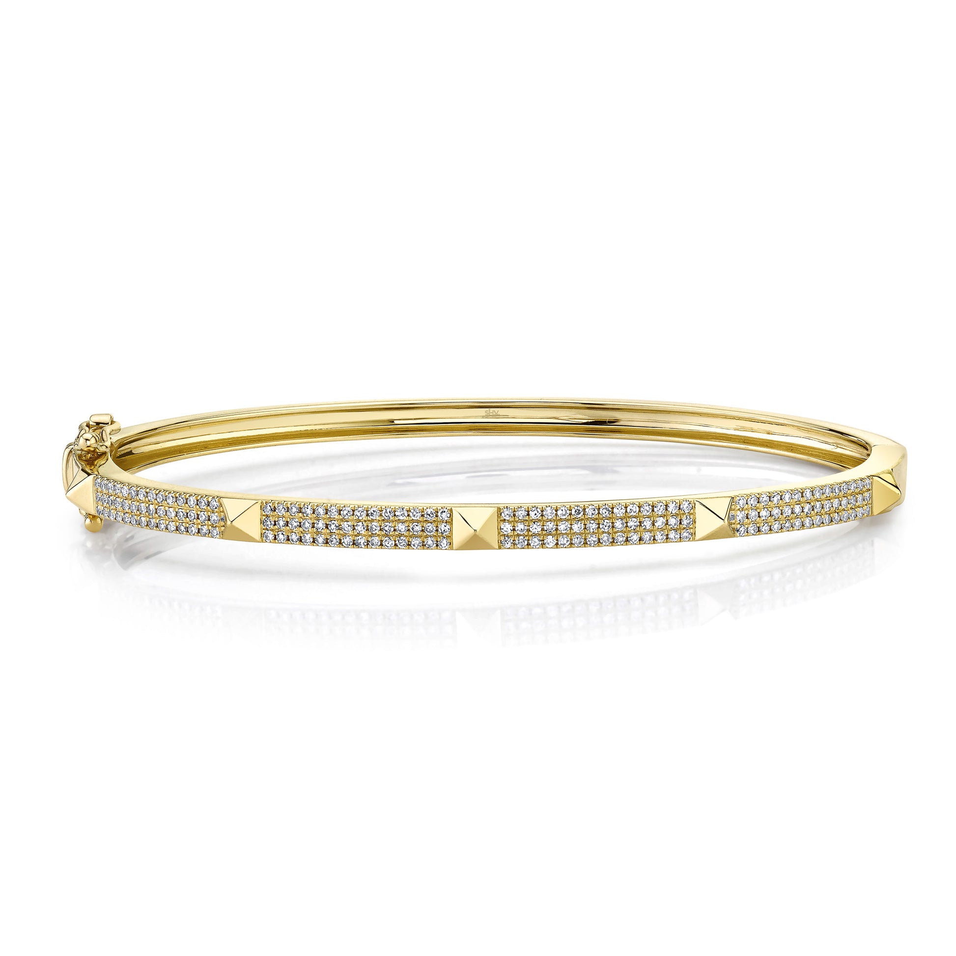 Yellow Gold 3 Row Pave Diamond Pyramid Bangle