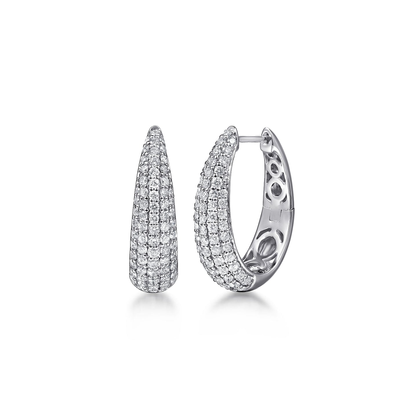 14K White Gold Pave Diamond Graduating Classic Oval Hoop Earrings