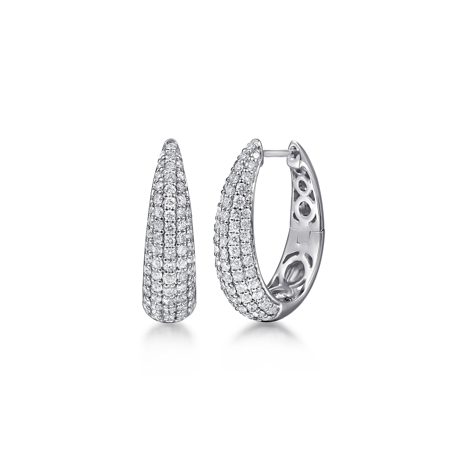14K White Gold Pave Diamond Graduating Classic Oval Hoop Earrings