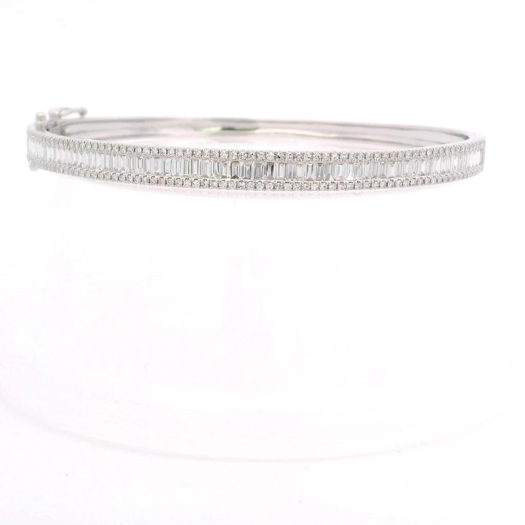 14K White Gold Round And Baguette Diamond Bangle