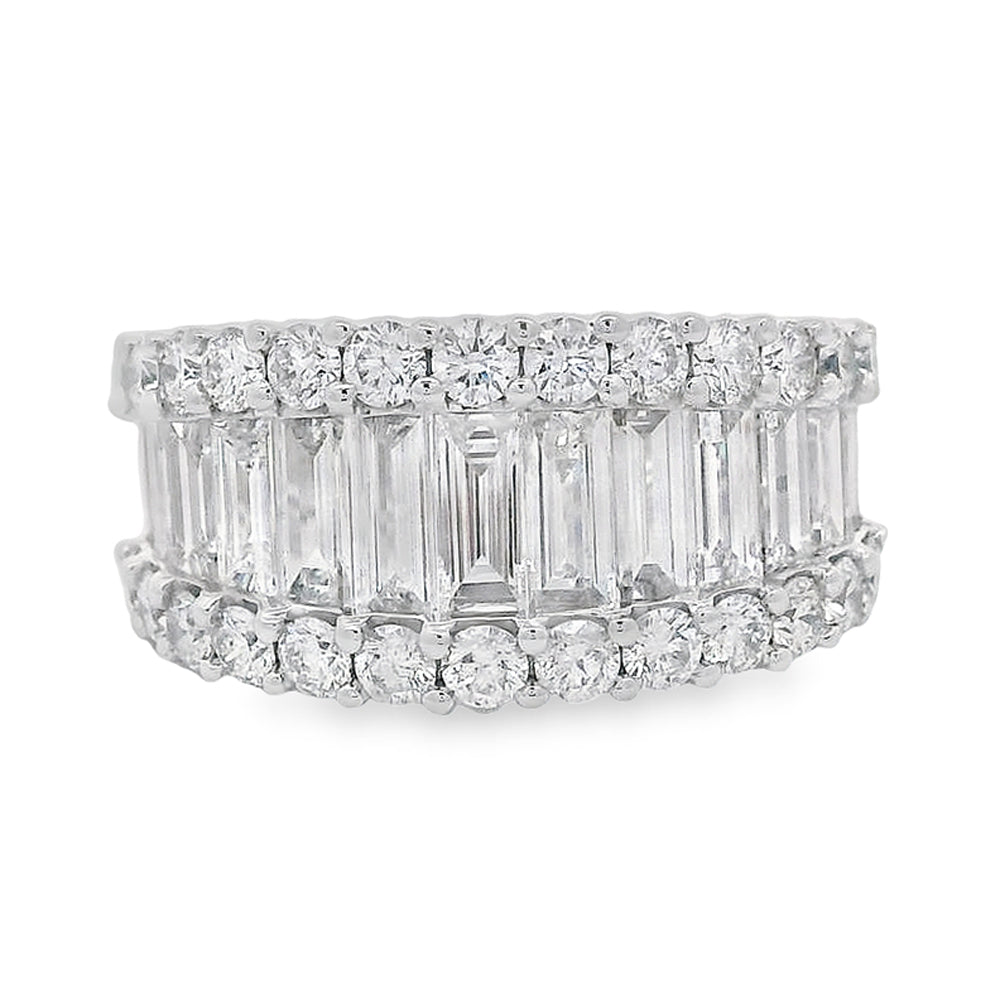 White Gold Baguette and Round Three Row Band 