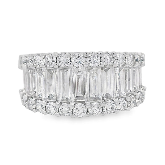 White Gold Baguette and Round Three Row Band 