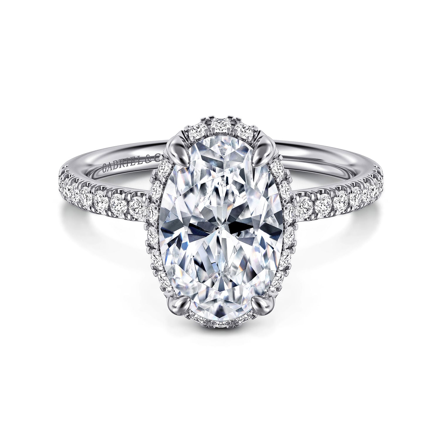 14K White Gold Oval Hidden Halo Diamond Engagement Ring