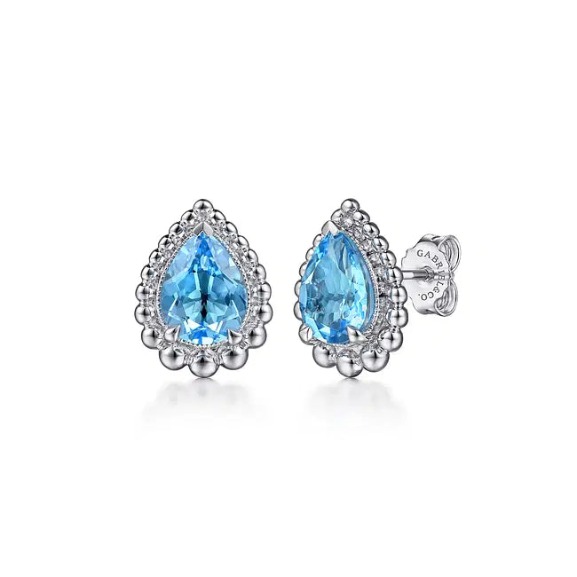 Sterling Silver Faceted Swiss Blue Topaz Pear Shape Bujukan Stud Earrings