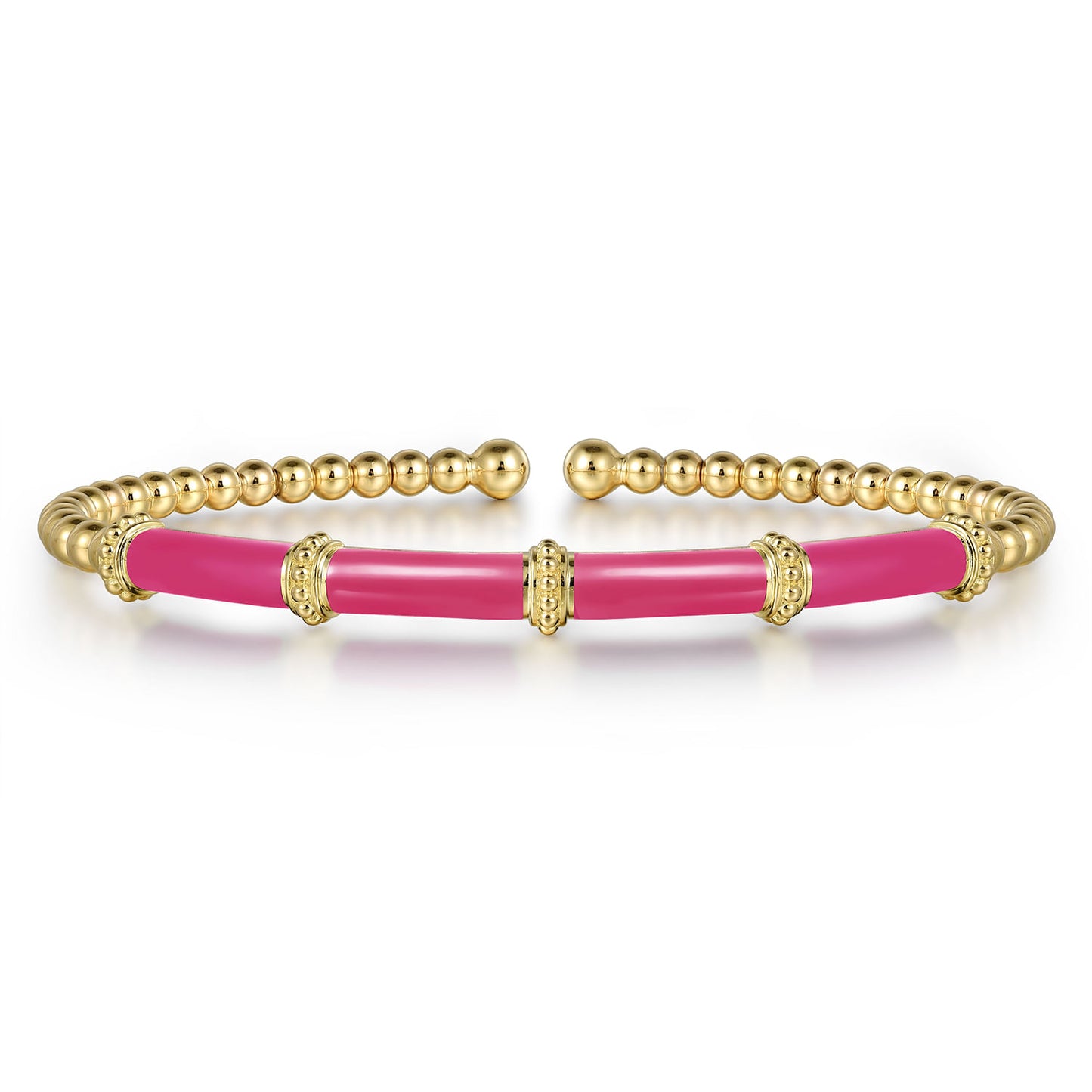 14K Yellow Gold Bujukan and Bar Split Bangle with Fuchsia Enamel