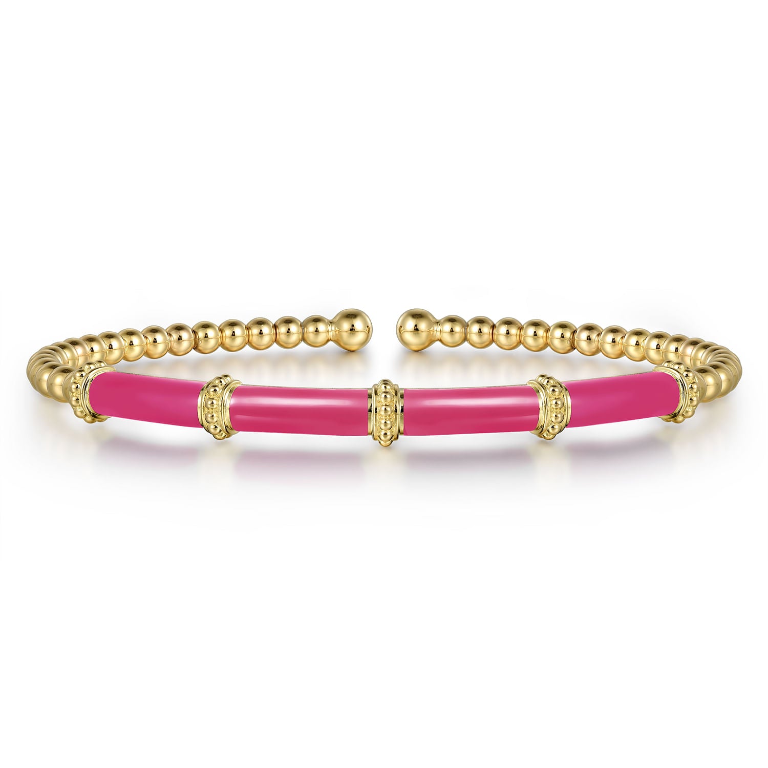 14K Yellow Gold Bujukan and Bar Split Bangle with Fuchsia Enamel
