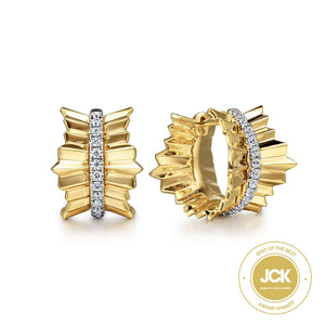 14K Yellow Gold Diamond Huggie in Size 15mm With Diamond Cut Texture